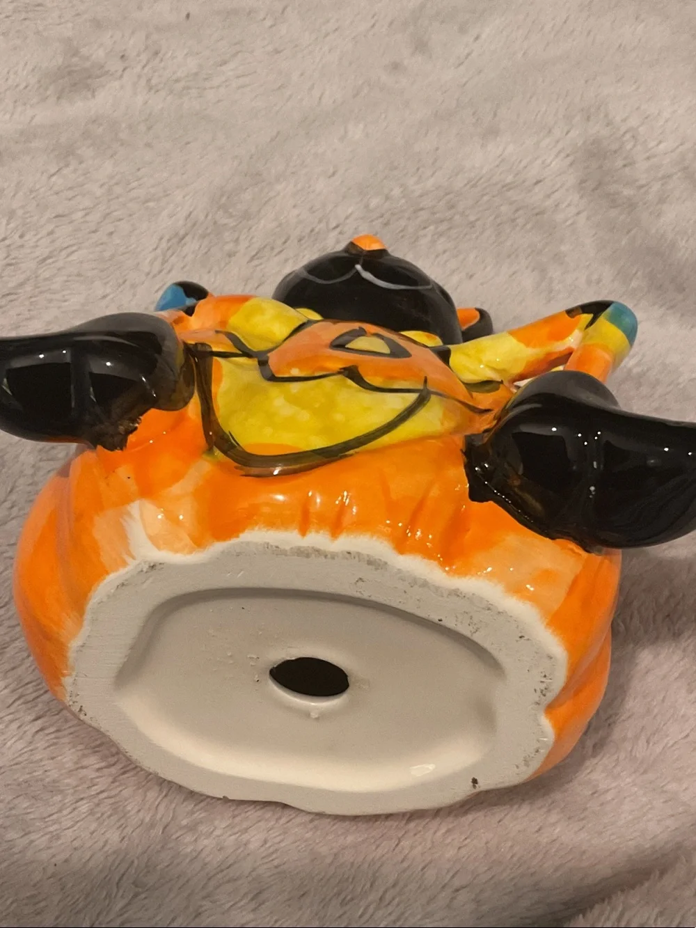 Hand-Painted Ceramic Halloween Cat on Pumpkin